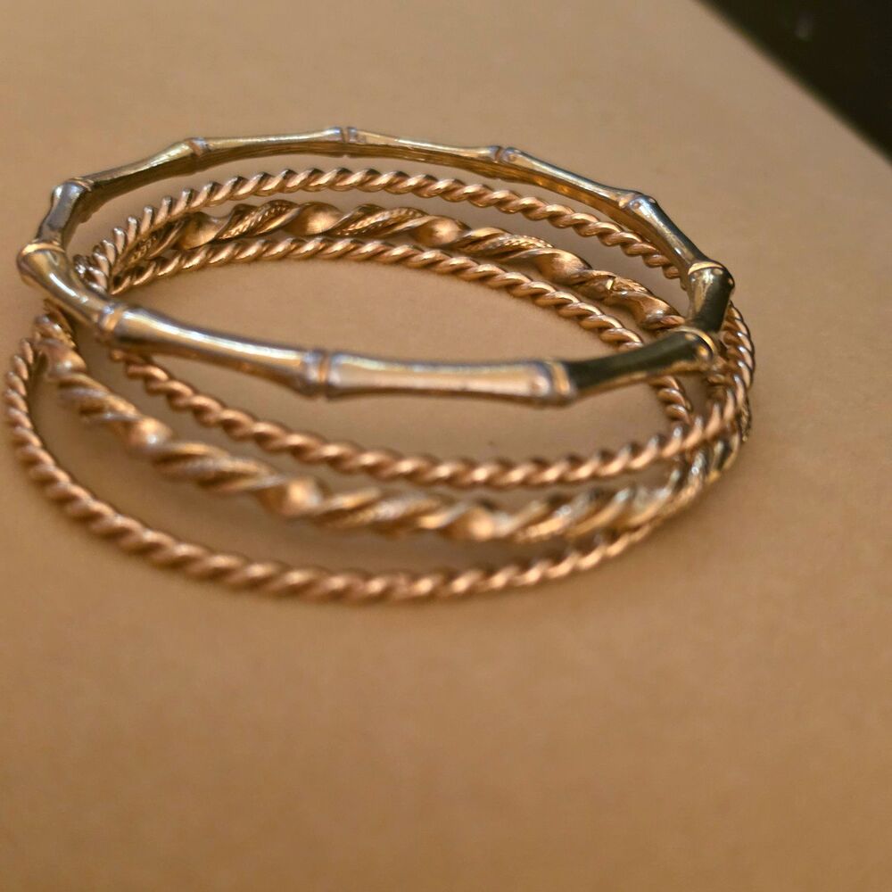 Set of 4 Mixed Metal Gold Tone Twisted Rope Bamboo-Style Hinged Bangles